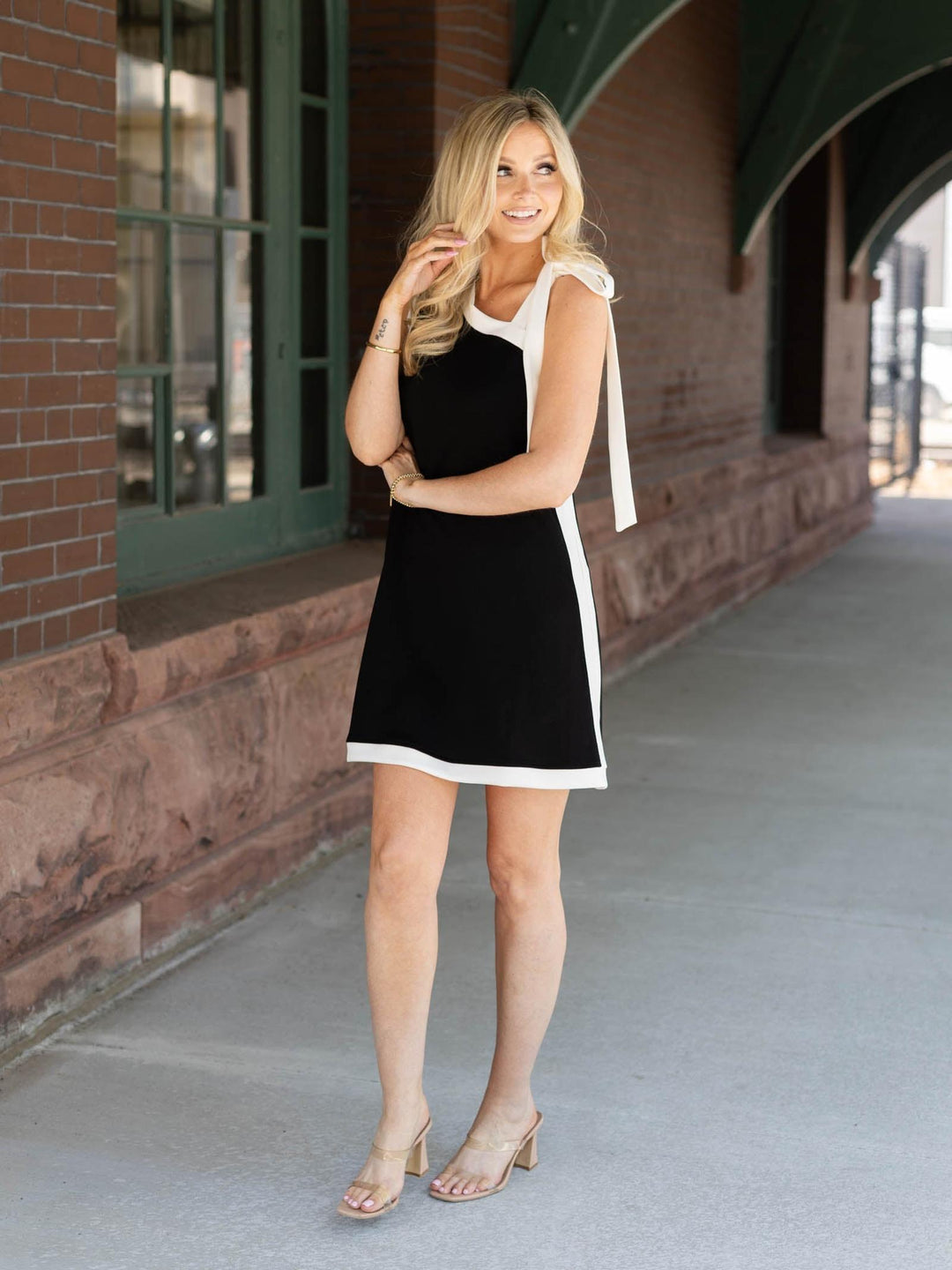 black and white shoulder tie strap dress