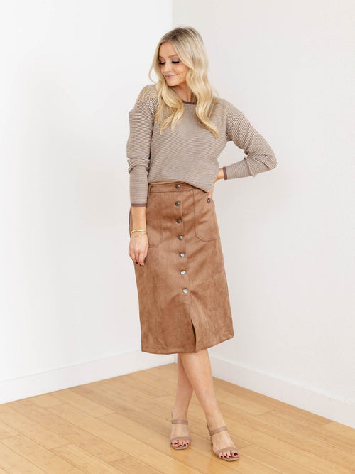 suede panel button midi skirt