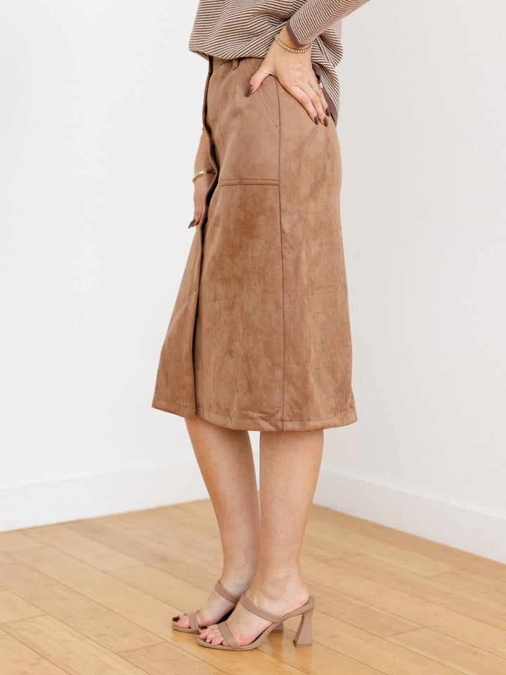 suede camel colored midi skirt