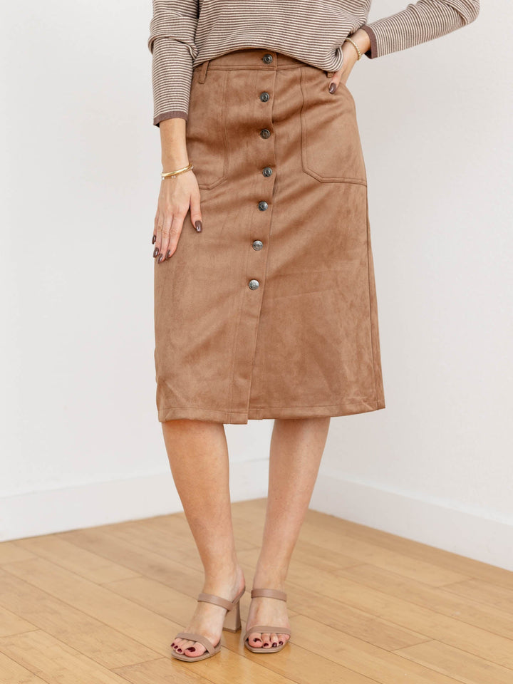 suede panel button midi skirt