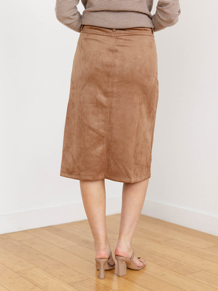 suede camel colored midi skirt