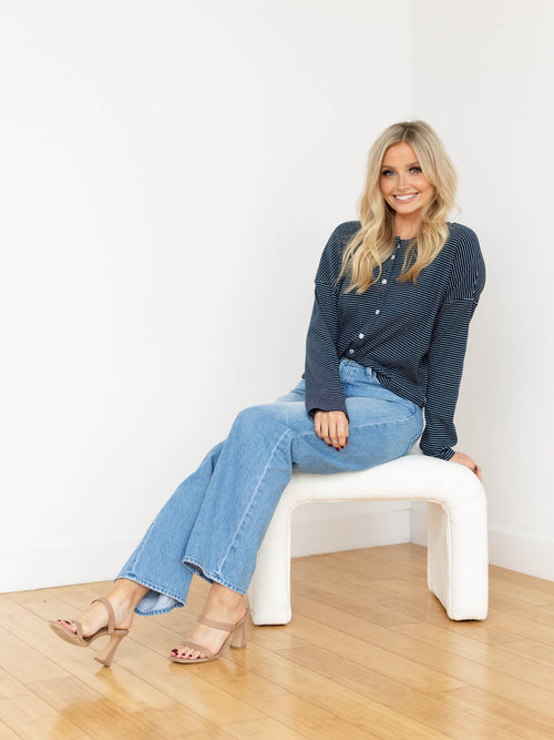 navy and white knit cardigan