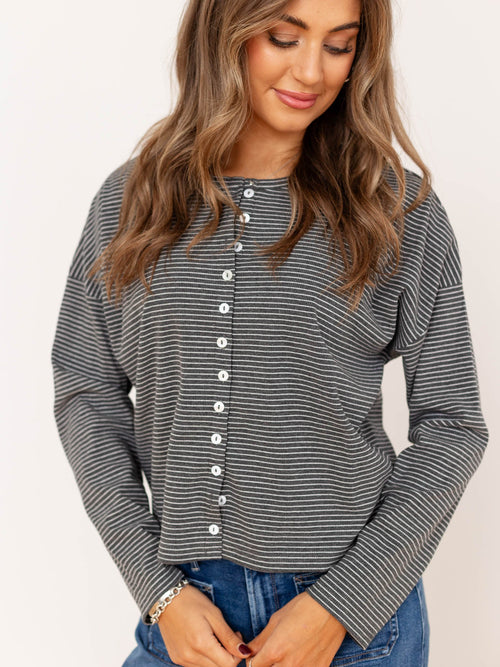 grey and white button up cardigan