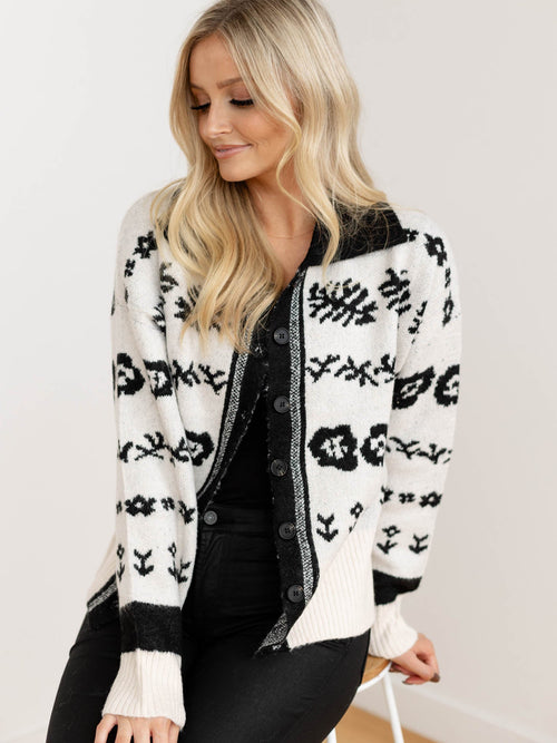 black and white collared floral print cardigan