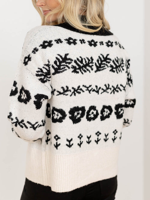 black and white collared floral print cardigan