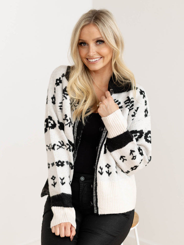 black and white collared floral print cardigan