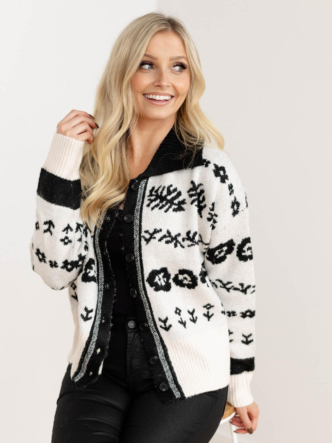 black and white collared floral print cardigan