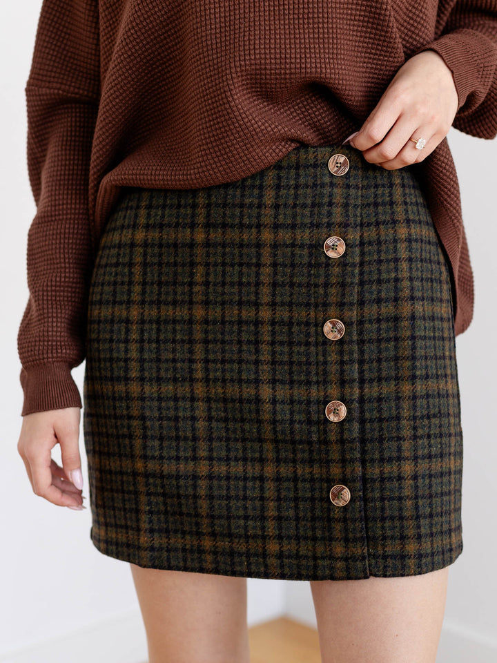 button front plaid skirt
