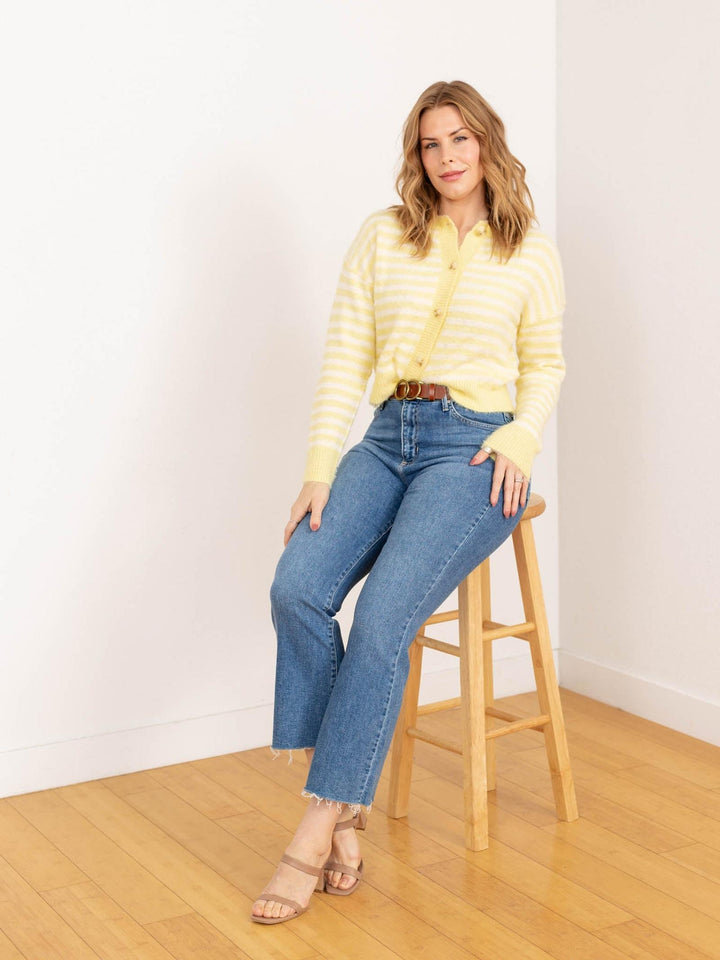 yellow striped fuzzy cardi