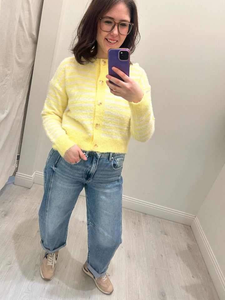 yellow and white soft cardigan