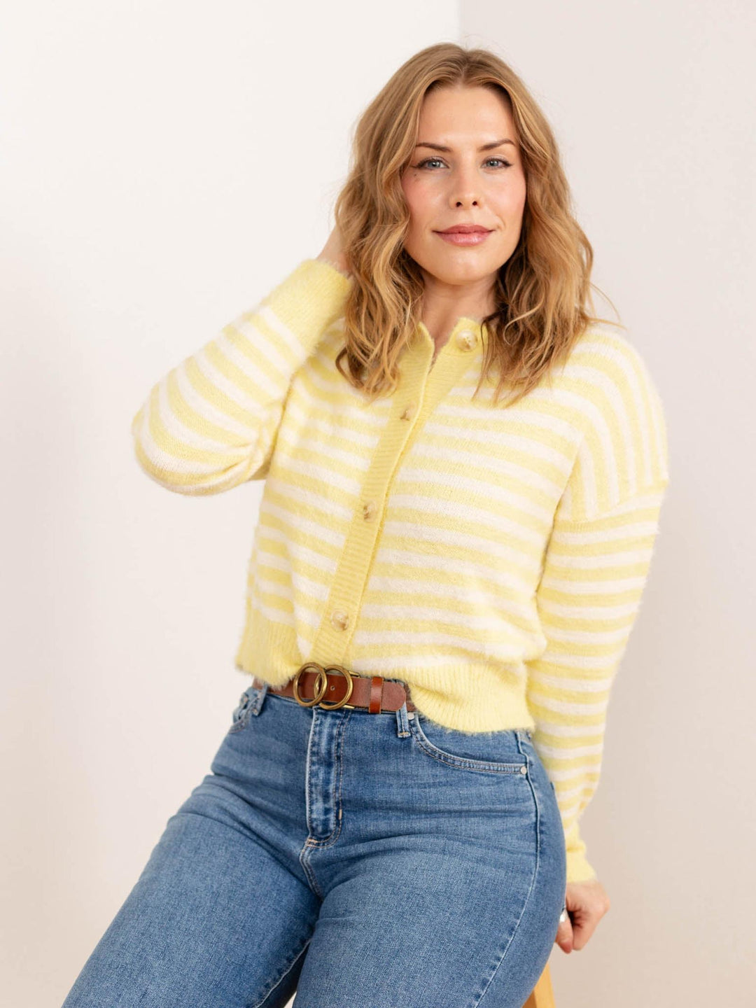 yellow striped fuzzy cardi