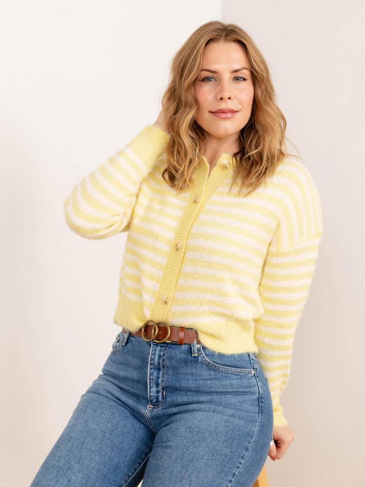 yellow striped fuzzy cardi