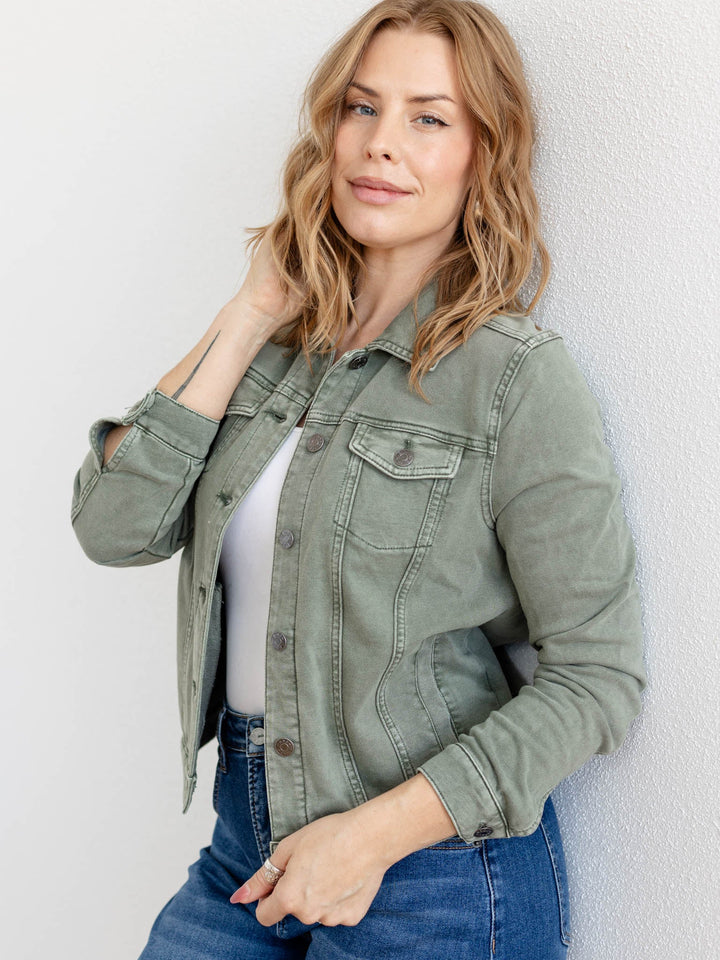 green washed button up jacket