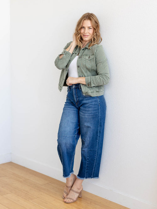 green washed button up jacket