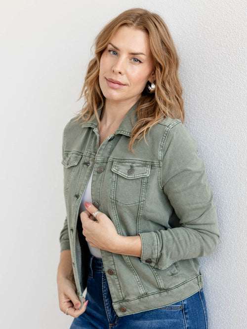 green washed button up jacket