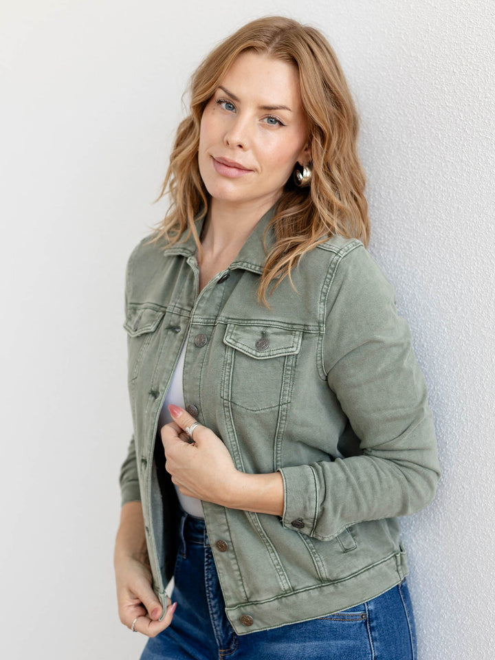 green washed button up jacket