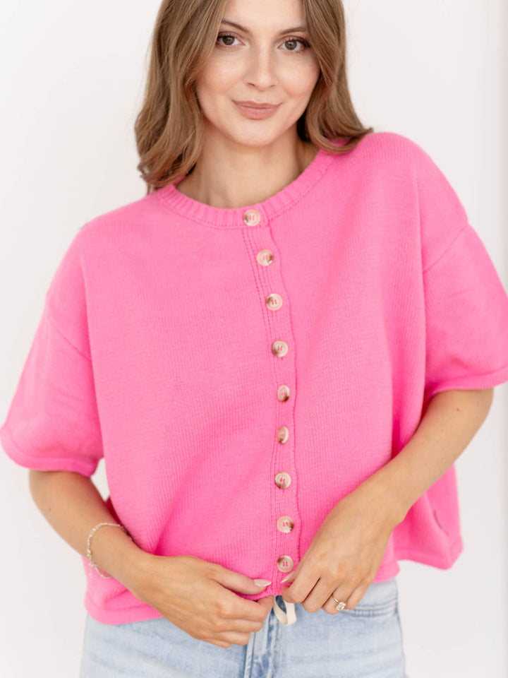 pink short sleeve cardigan
