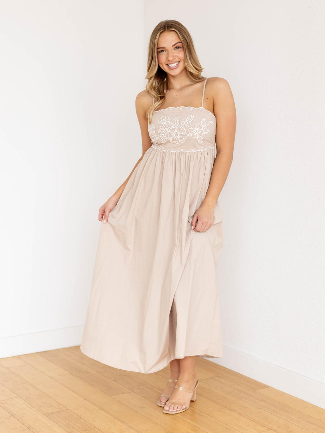 tan embroidered midi dress