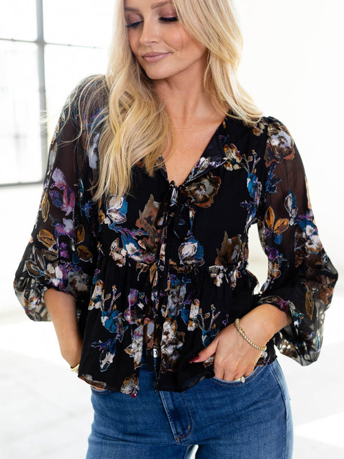 tie front moody floral blouse