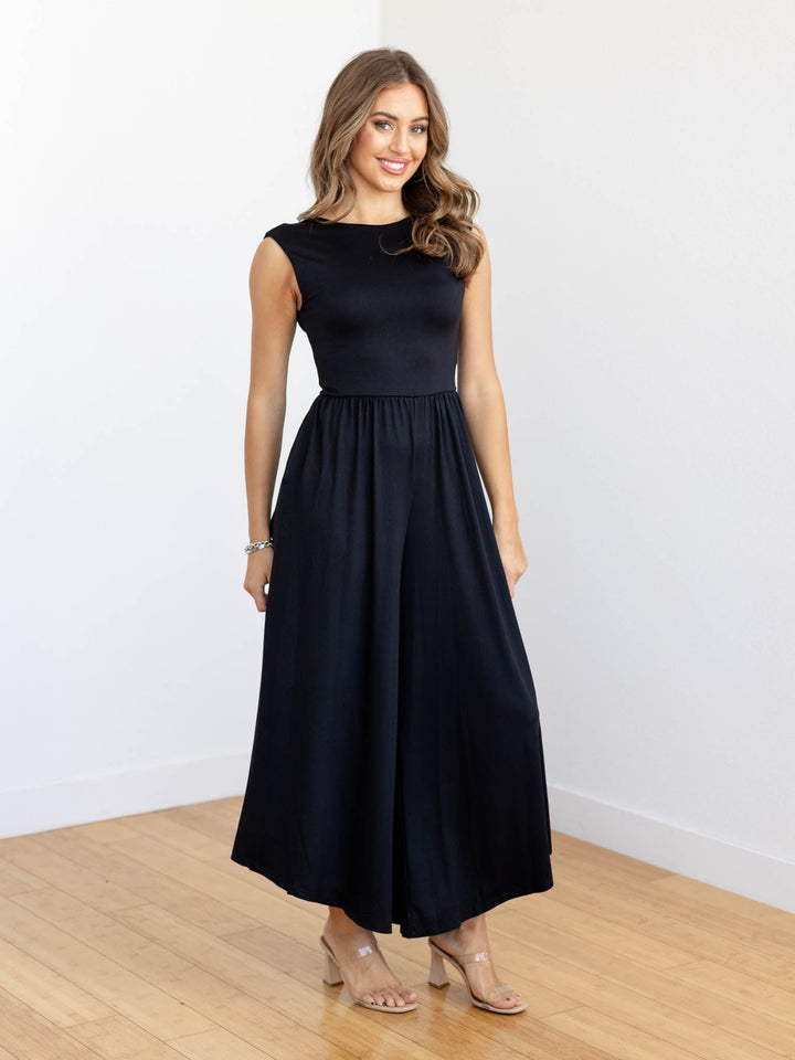 flowy wide leg black jumpsuit