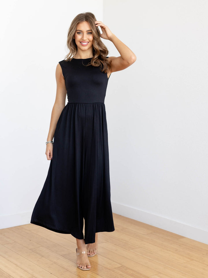 flowy wide leg black jumpsuit