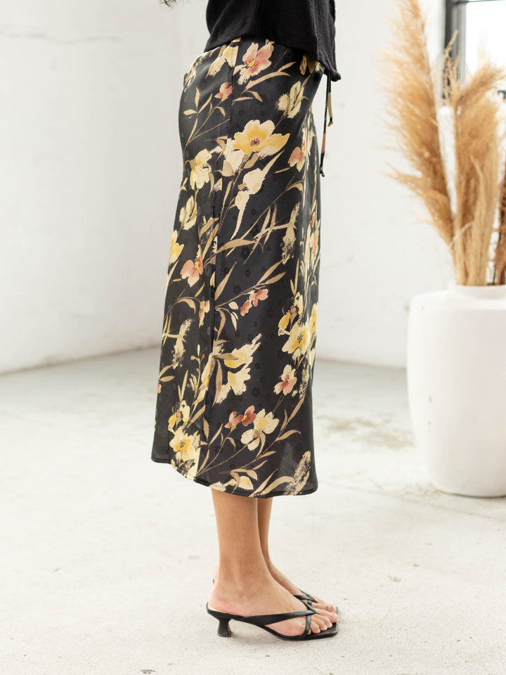 satin floral midi skirt