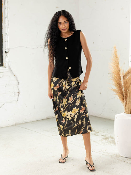 satin floral midi skirt