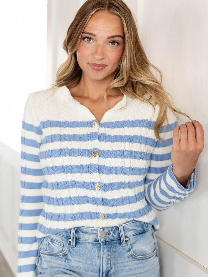 striped long sleeve button down cardigan
