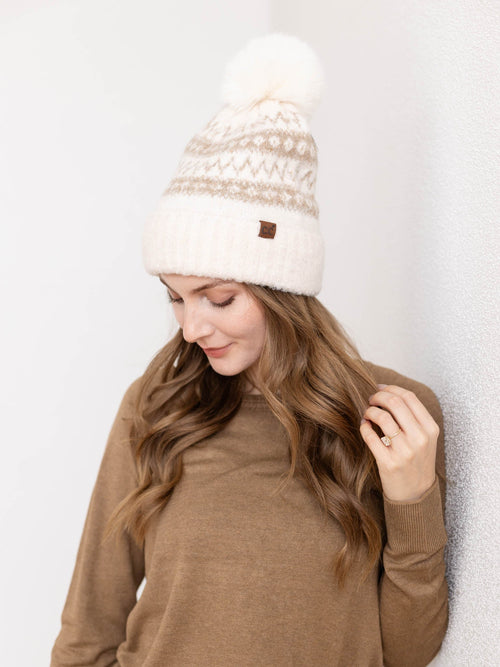 tan and cream pom pom beanie