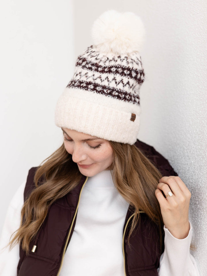 burgundy and white pom fair isle beanie