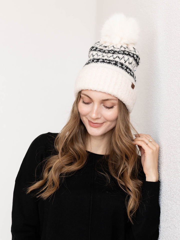 black printed pom pom beanie