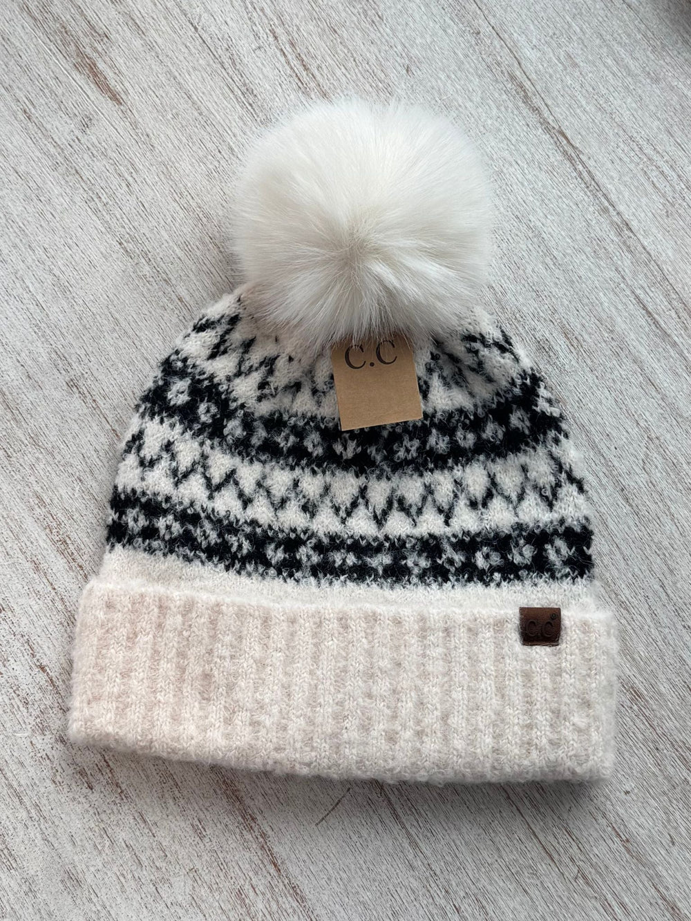 black winter printed pom hat