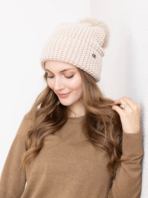 tan and cream pom beanie
