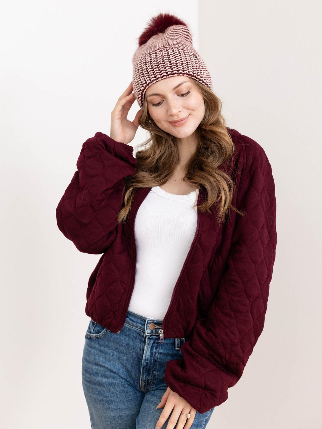 wine colored pom pom beanie