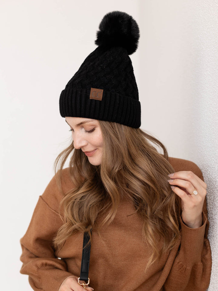 black woven beanie
