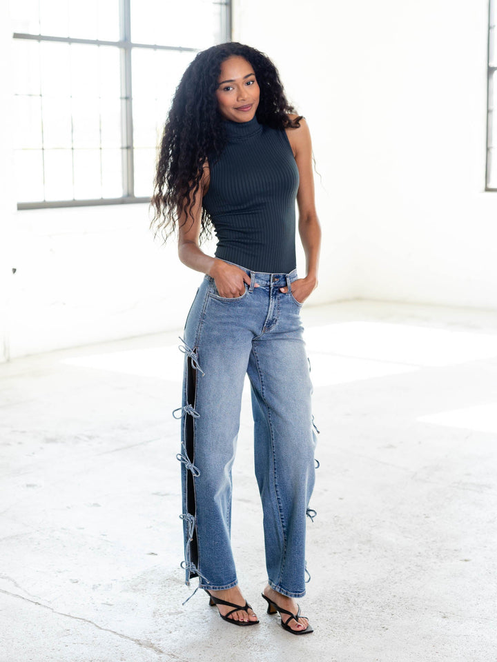 side tie straight leg denim