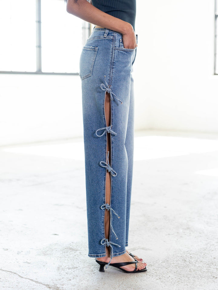 side tie straight leg denim