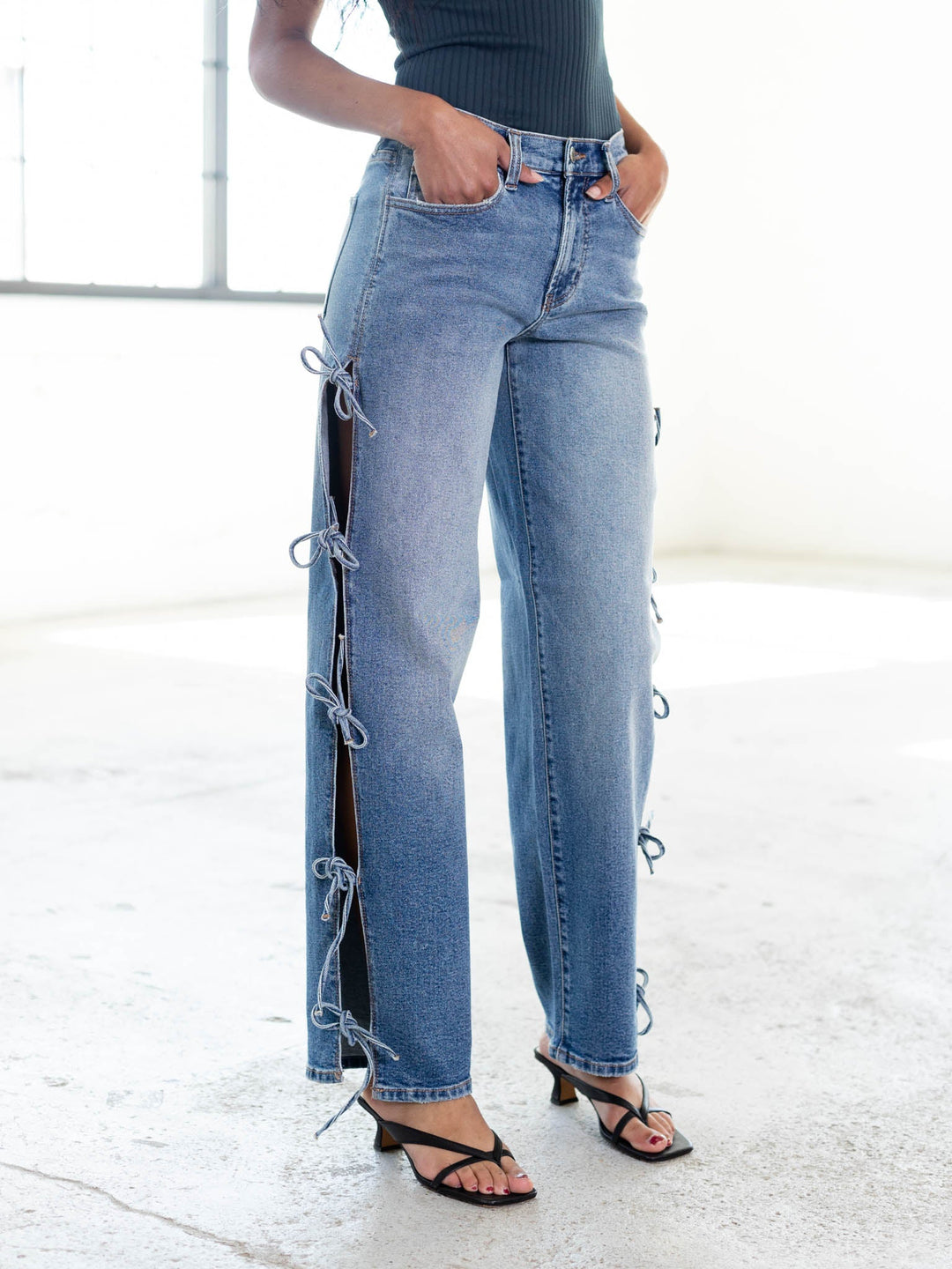 side tie straight leg denim