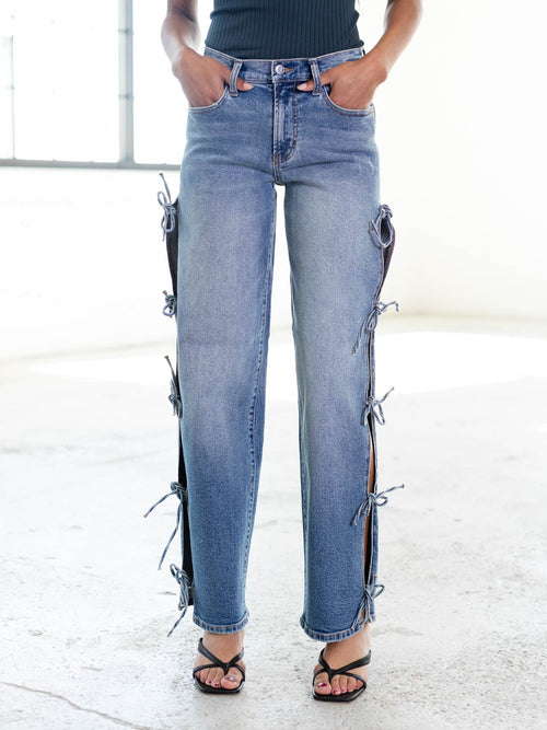side tie straight leg denim