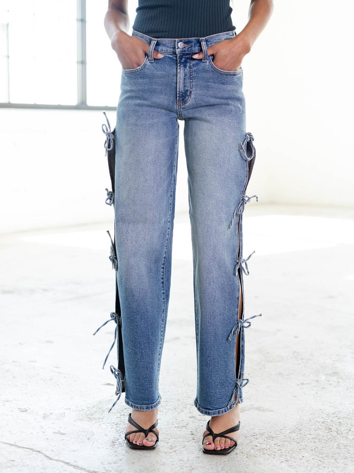 side tie straight leg denim