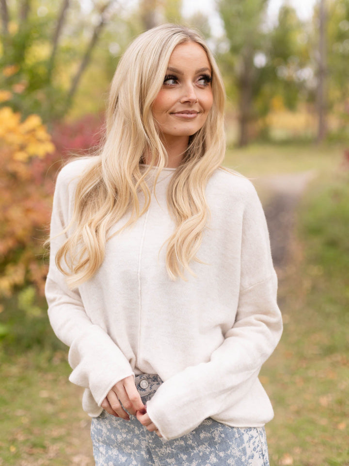 Center Seam Rolled Neck Knit Sweater