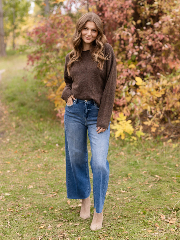 Center Seam Rolled Neck Knit Sweater