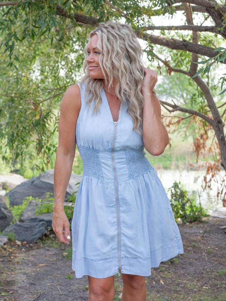 Chambray V-Neck Smocked Waist Zip Front Mini Dress