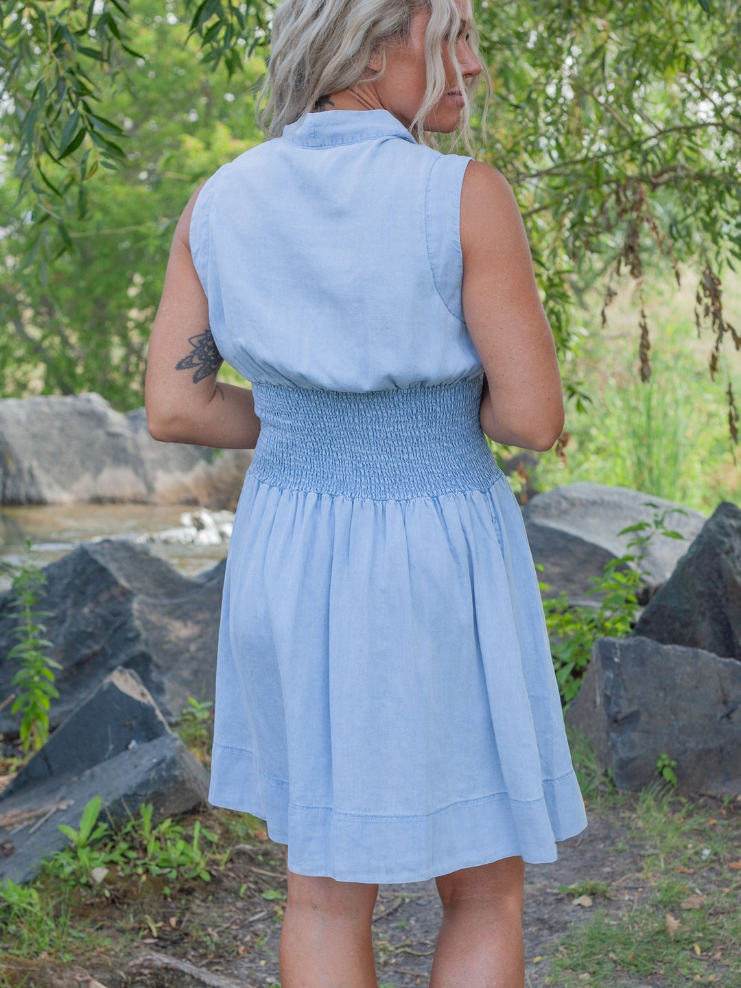 Chambray V-Neck Smocked Waist Zip Front Mini Dress