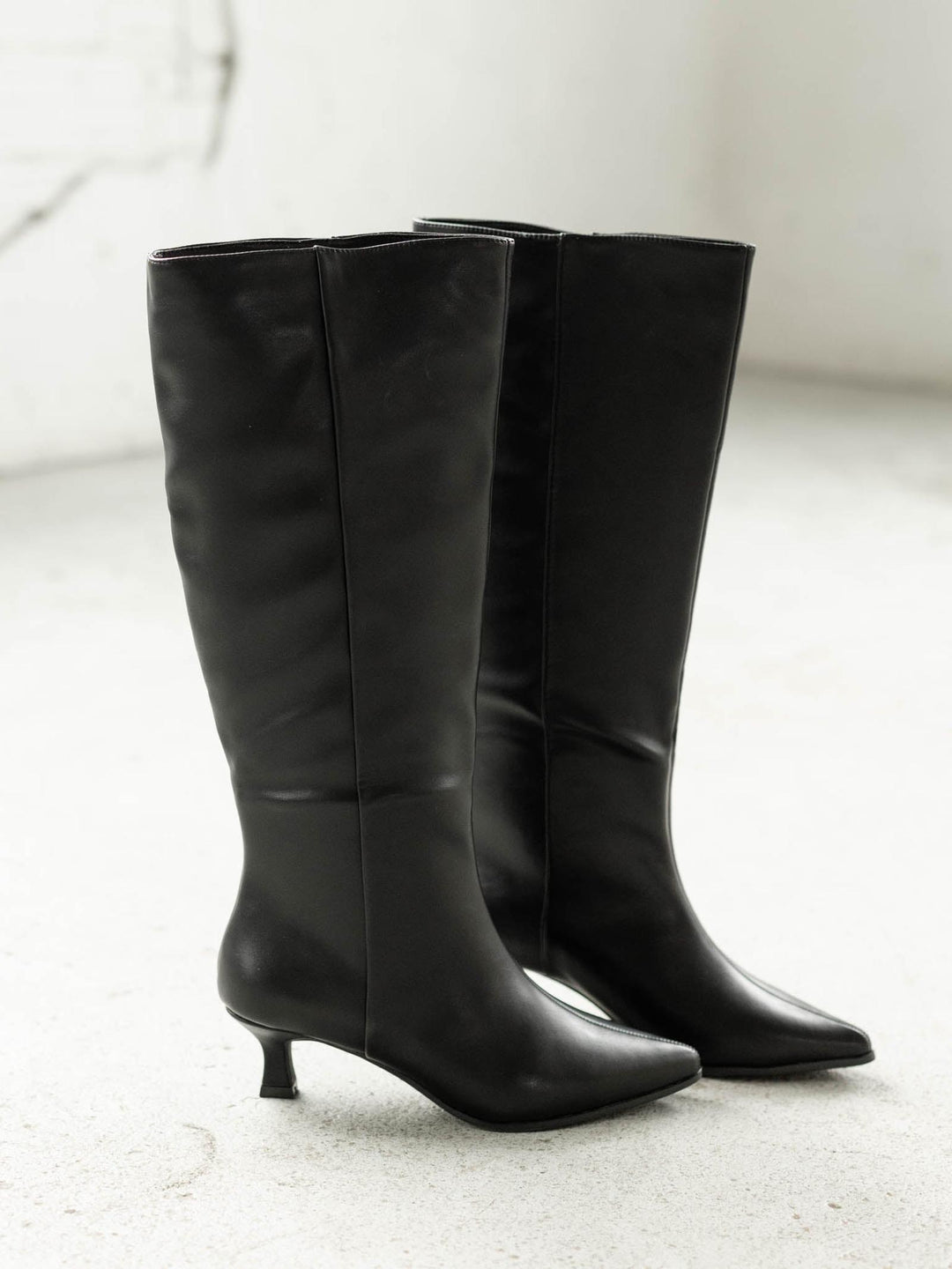 black tall shaft kitten heel boot