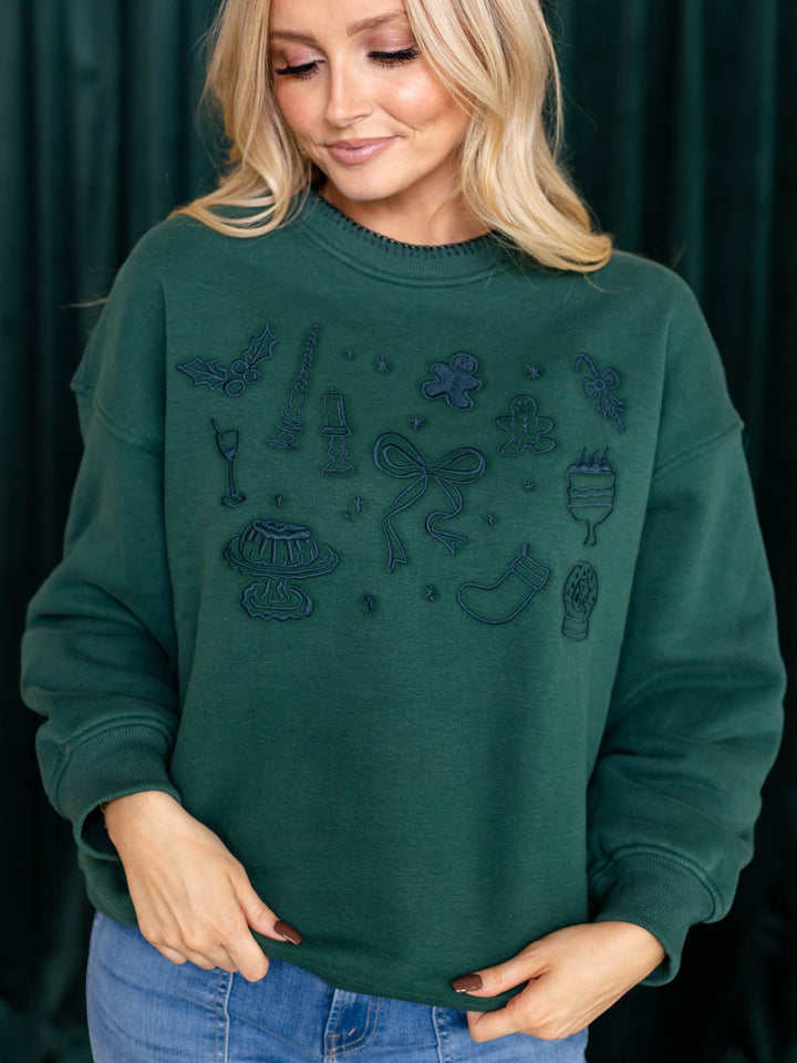 green holiday embroidered sweatshirt