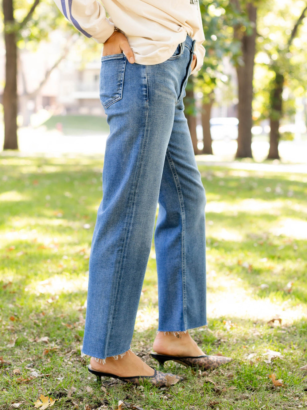 medium wash straight leg denim