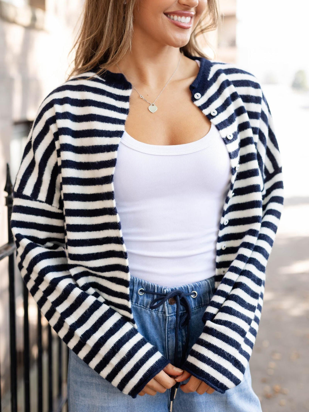 navy striped button cardigan