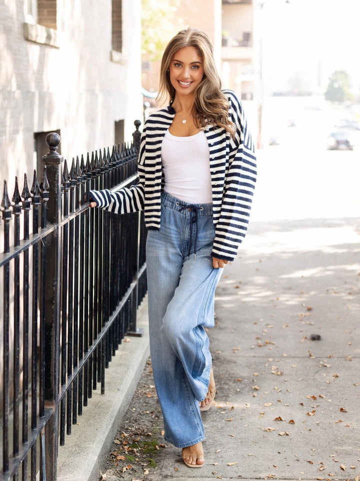 navy striped button cardigan