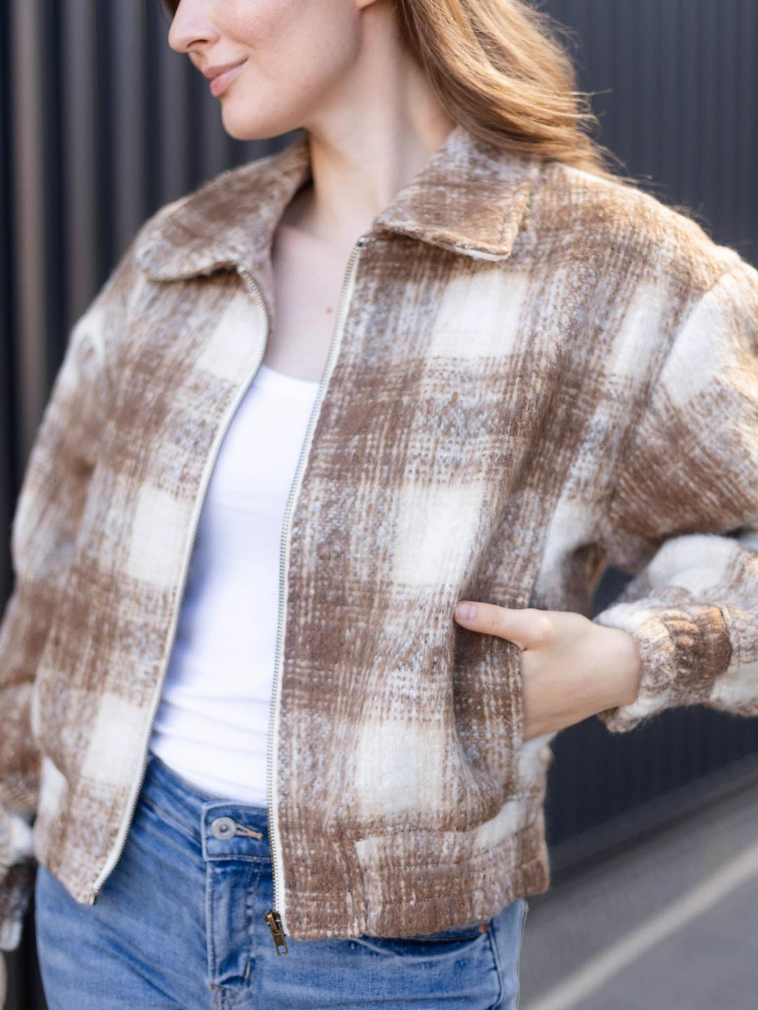 Collared Neck Front Zipper Bomber Jacket
